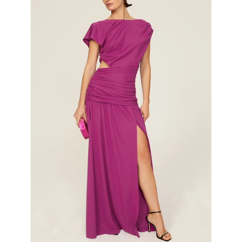 Tanya Taylor Magenta Ruched Gown SIZE 4 Cut Out Asymmetric Slit Designer $600